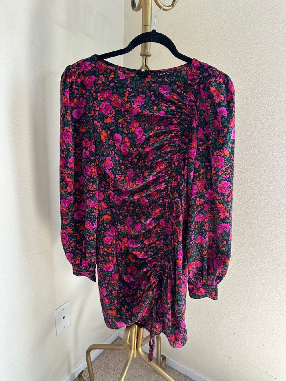 Floral Ruched Long Sleeve Mini Dress - Pink & Black